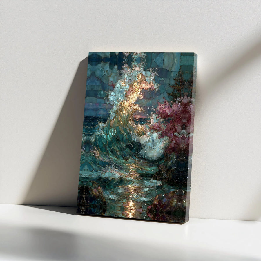 Ocean Wave Canvas Wall Art | Abstract Stained Glass Mosaic Style Print | Premium Gallery Wrapped Canvas | Modern Coastal Home Decor Gift