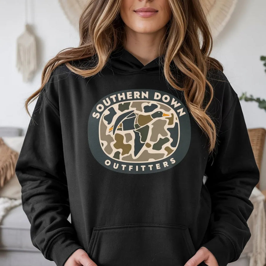 Camo Duck Hunting Hoodie | Vintage Waterfowl Graphic Badge | Premium Cotton Blend | Gift For Outdoorsmen And Hunters