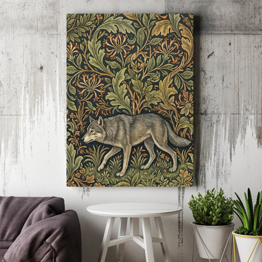 William Morris Style Wolf Canvas Wall Art | Botanical Forest Illustration | Premium Gallery Wrapped Print | Dark Academia Home Decor
