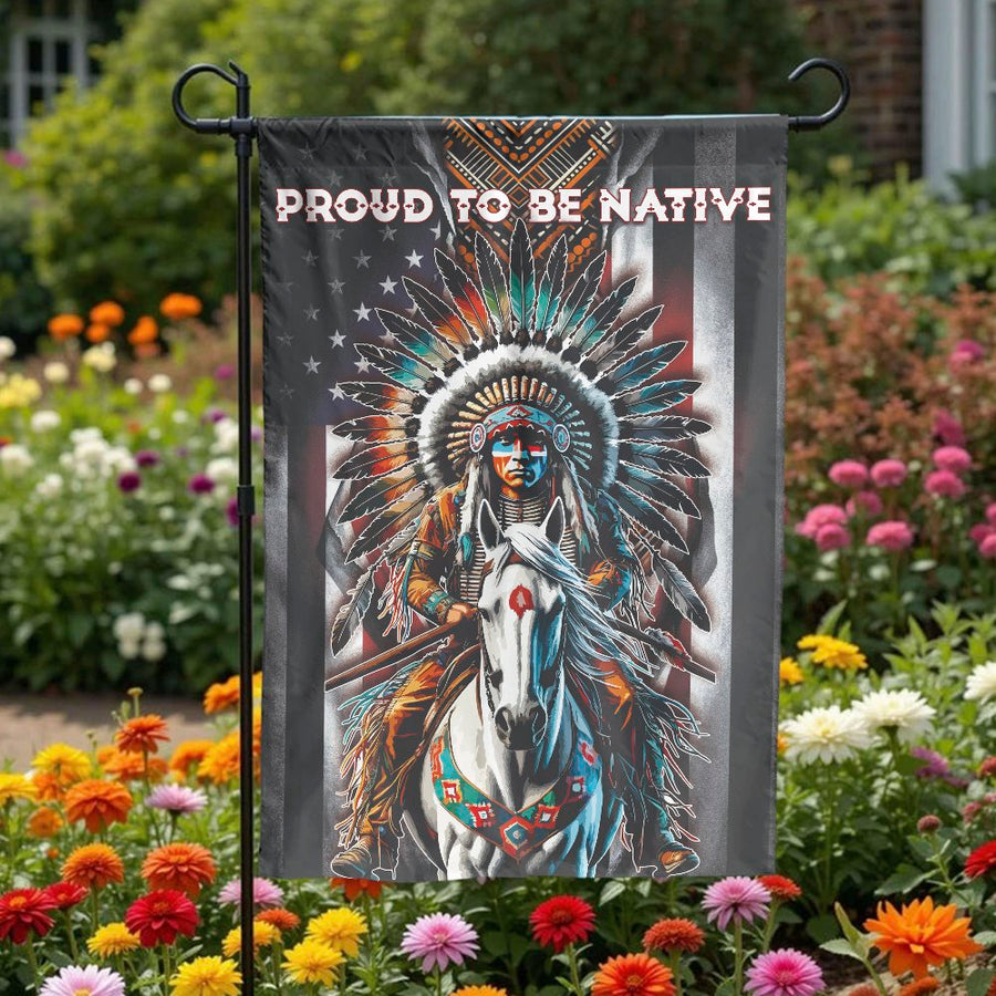 Proud To Be Native Garden Flag | American Indian Warrior Print | Premium Weather-Resistant Polyester | Outdoor Yard Decor Gift