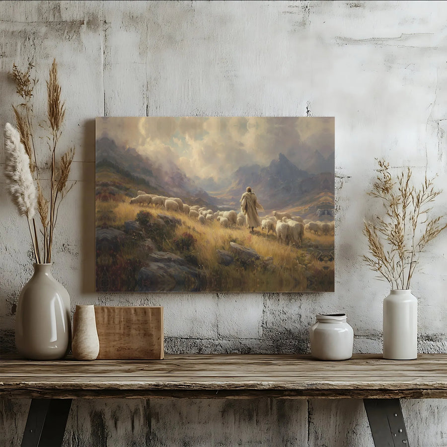 Good Shepherd Jesus Canvas Wall Art | Religious Mountain Landscape Print | Premium 1.25" Gallery Wrap | Christian Home Decor Gift