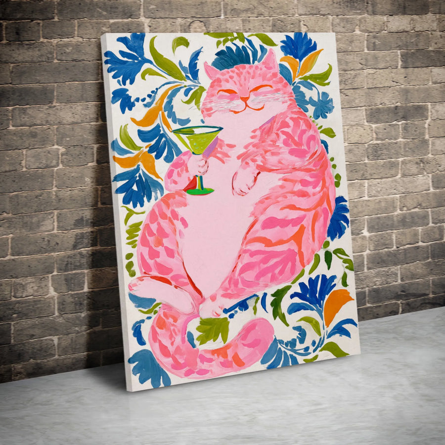 Pink Cat Drinking Martini Canvas Wall Art | Whimsical Floral Animal Portrait | Premium Gallery-Wrapped Print | Colorful Home Decor Gift
