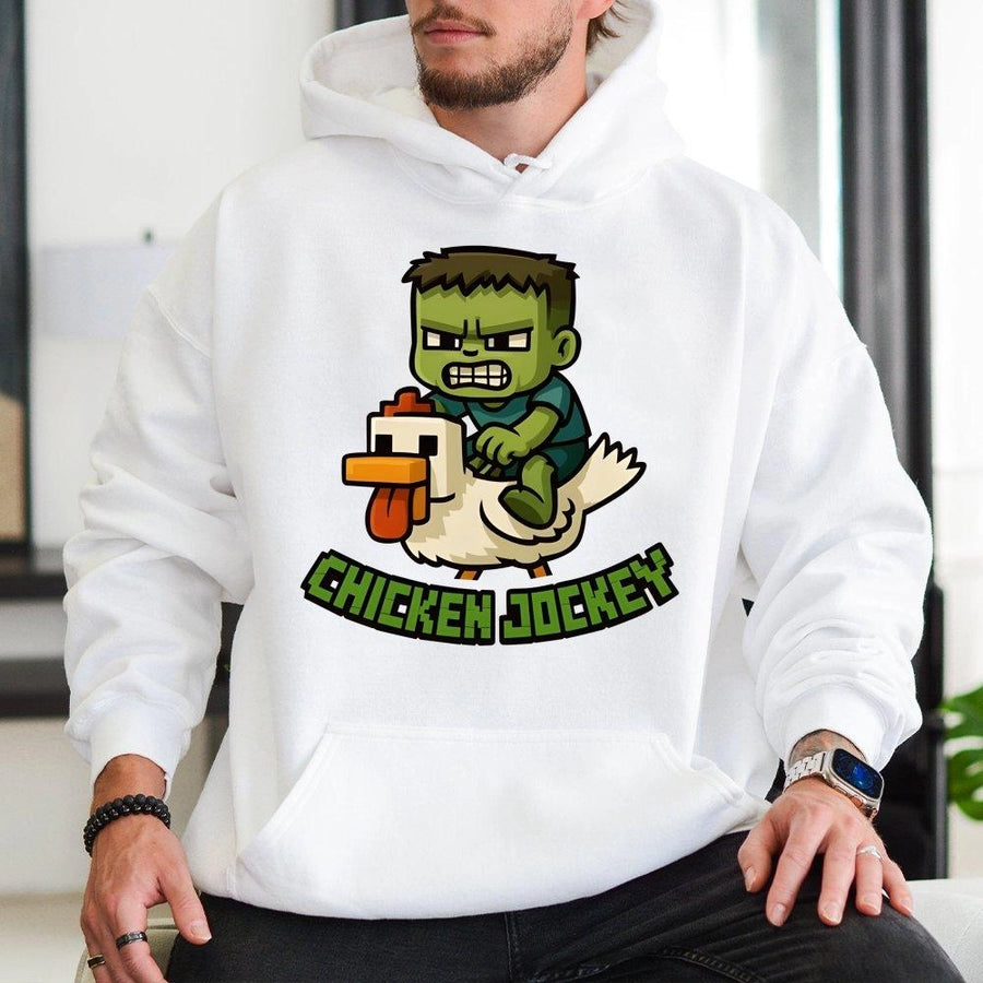 Chicken Jockey Hoodie | Pixelated Gamer Graphic Art | Premium Cotton-Blend | Unique Gift for Video Game Fans and Youth Gamers