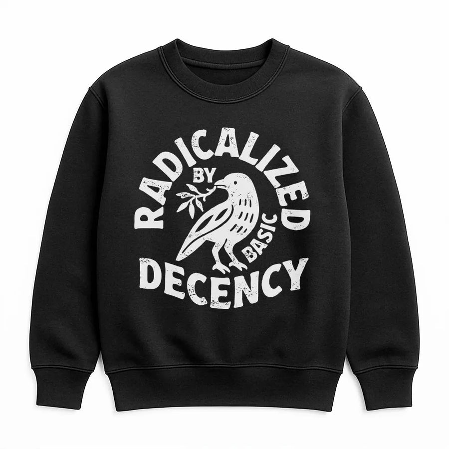 Radicalized By Basic Decency Sweatshirt | Vintage Peace Dove Graphic | Premium Cotton Blend | Political Humor Gift for Activists