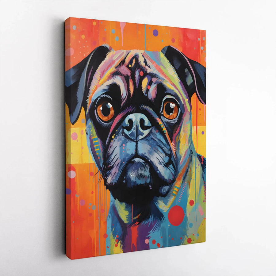 Colorful Pug Vertical Canvas | Pop Art Dog Portrait | Premium Gallery Wrapped Print | Gift for Pug Lovers & Modern Home Decor
