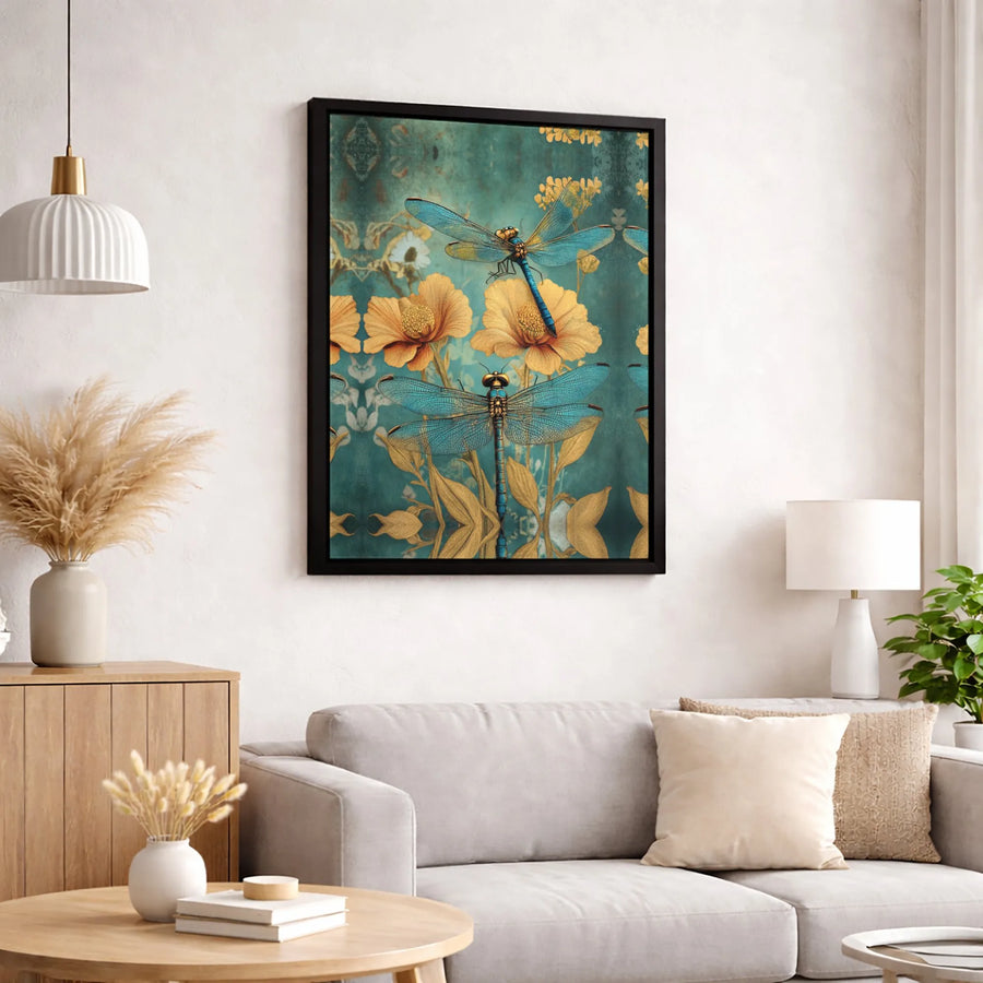 Dragonfly Canvas Wall Art | Vintage Teal And Gold Botanical Print | Premium Fade-Resistant Gallery Wrap | Elegant Home Decor For Nature Lovers