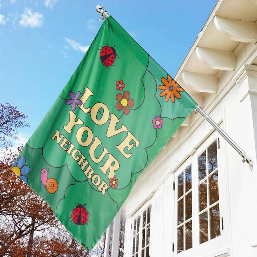 Love Your Neighbor Garden Flag | Retro Floral Ladybug House Flag | Weather Resistant Polyester | Decorative Outdoor Decor Gift for Home