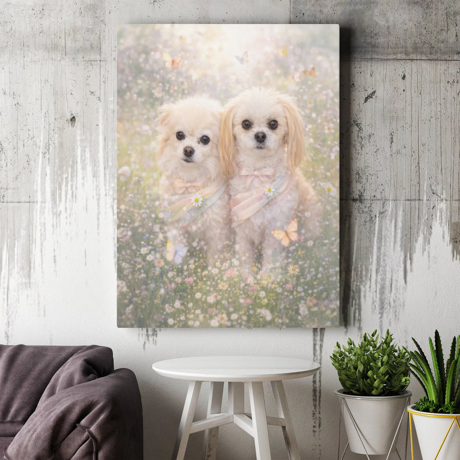 Cute Dogs Canvas Wall Art | Two Fluffy Puppies in Flower Meadow | Premium Thick Gallery Wrap | Gift for Dog Lover