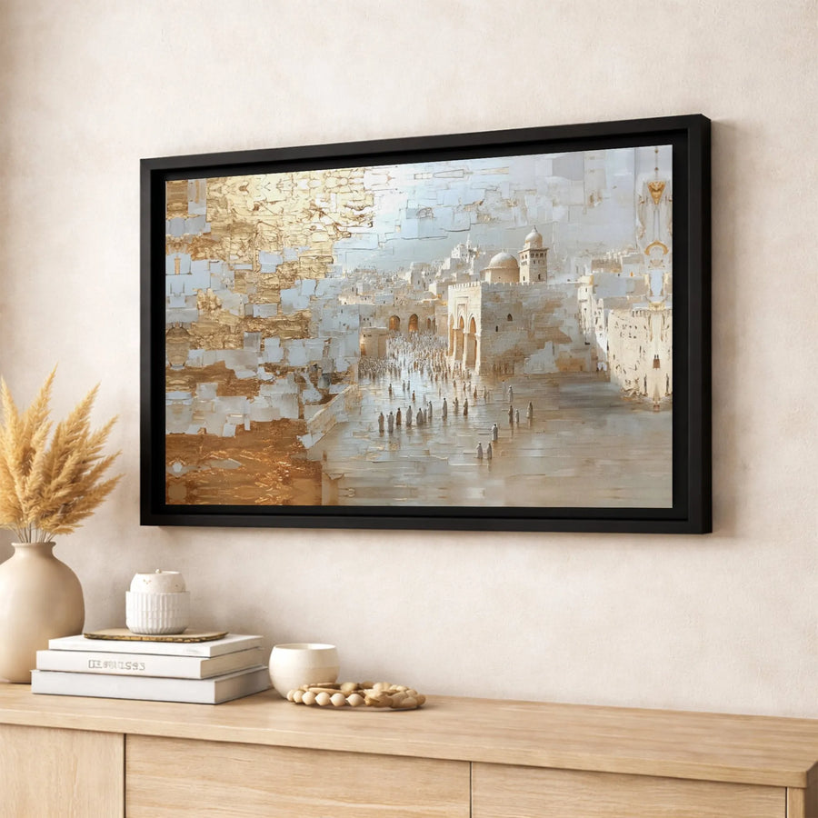 Jerusalem Old City Canvas Wall Art | Abstract Gold Leaf Texture Print | Premium Gallery Wrap Decor | Religious Home Office Gift