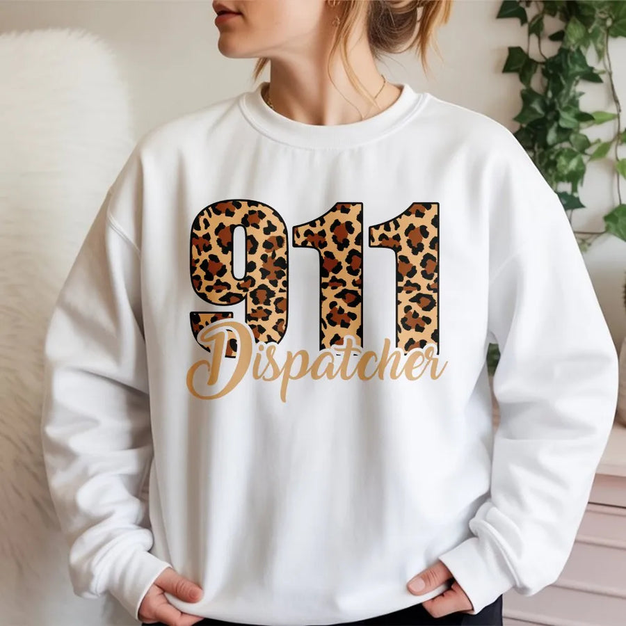 911 Dispatcher Sweatshirt | Leopard Print Graphic Tee | Soft Cotton Apparel | Gift for Emergency Operator