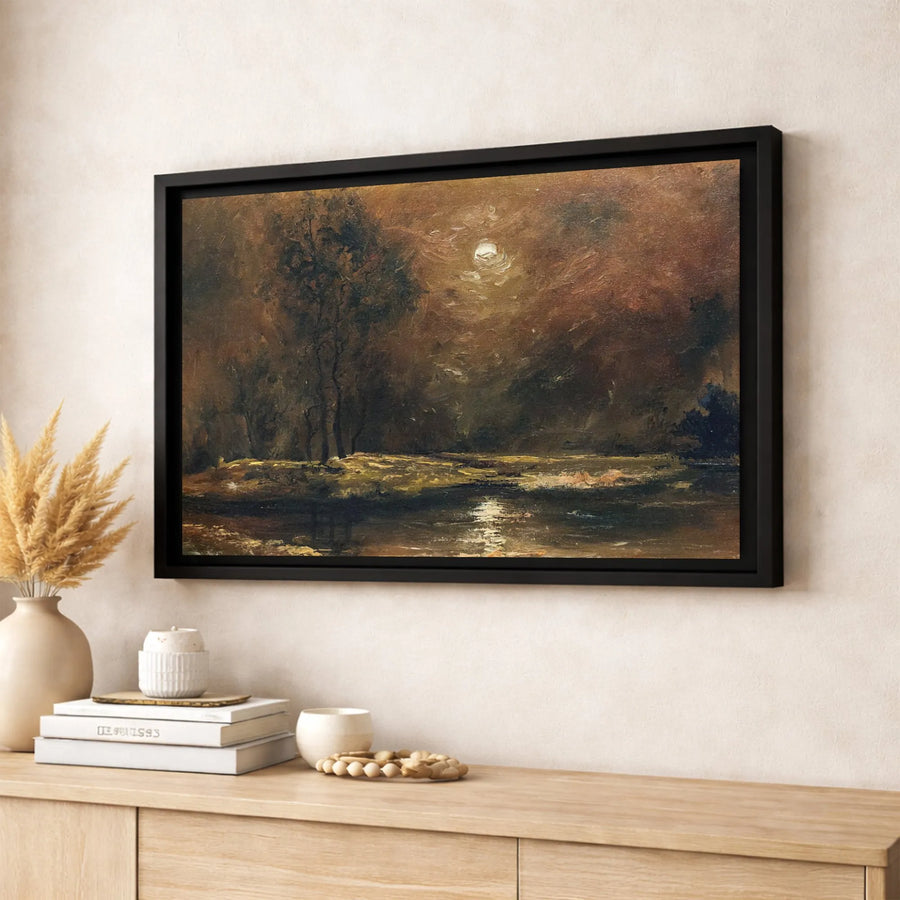 Moonlit River Landscape Canvas Art | Vintage Moody Nature Oil Painting Style | Premium Gallery Wrap Wall Decor | Atmospheric Home Office Gift