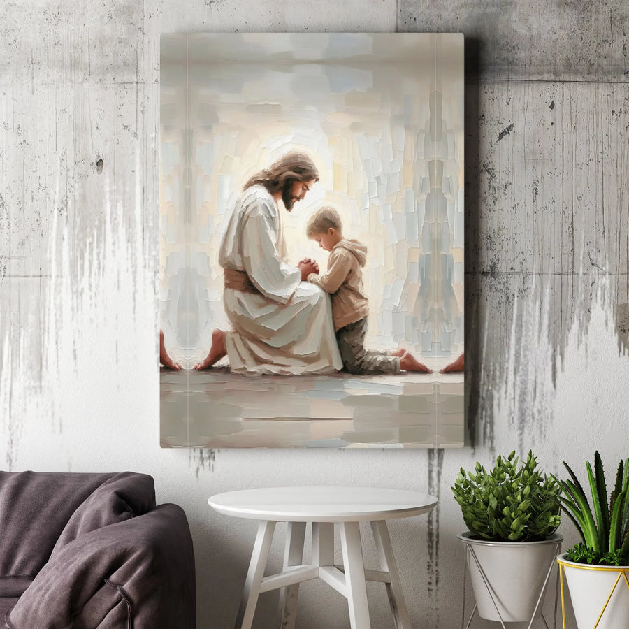 Jesus Praying With Child Canvas Print | Christian Wall Art | Premium Gallery Wrapped Decor | Spiritual Gift For Nursery or Home