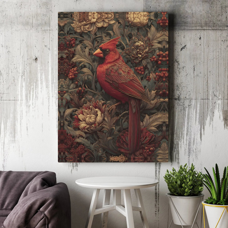 Red Cardinal Canvas Wall Art | Vintage Moody Floral Illustration | Premium Gallery Quality Print | Bird Watcher Nature Lover Gift