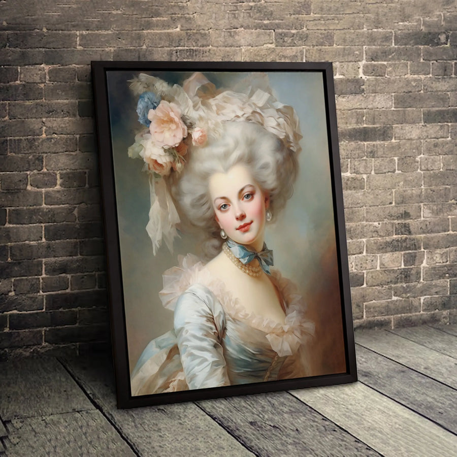 Marie Antoinette Portrait Canvas Wall Art | Rococo Noblewoman with Floral Hat | Premium Fade-Resistant Print | Elegant Home Decor Gift
