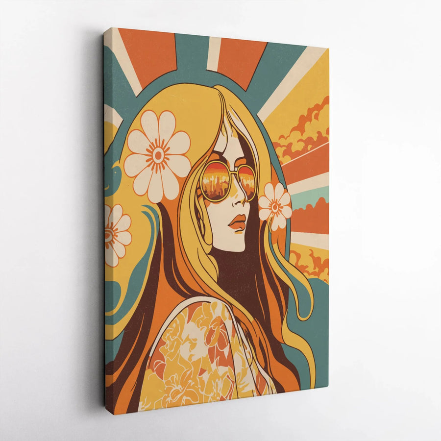 Retro 70s Hippie Woman Canvas Wall Art | Boho Floral Portrait Design | Premium Gallery Wrapped Print | Vintage Aesthetic Gift for Home Decor