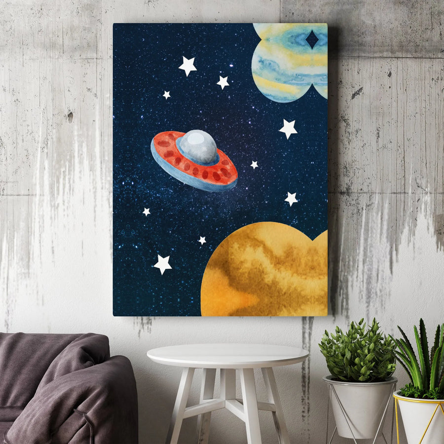 Watercolor Space Canvas Wall Art | UFO Flying Saucer Planets Print | Premium Gallery Wrap Decor | Kids Nursery & Boys Bedroom Gift