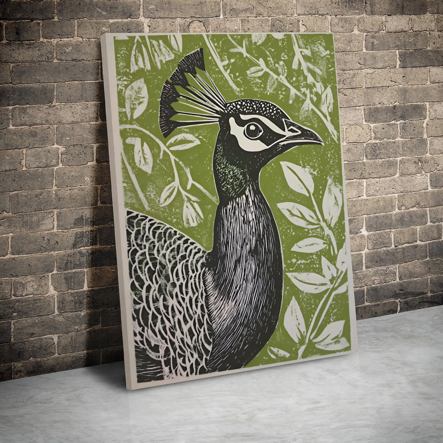 Peacock Wall Art Canvas | Linocut Style Botanical Green Print | Premium 1.25 Inch Gallery Wrap | Elegant Home Decor for Nature Lovers