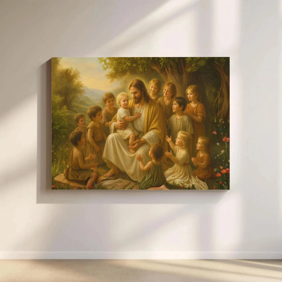 Jesus With Children Canvas Print | Religious Fine Art Wall Decor | Premium Fade-Resistant Gallery Wrap | Christian Home Gift For Living Room