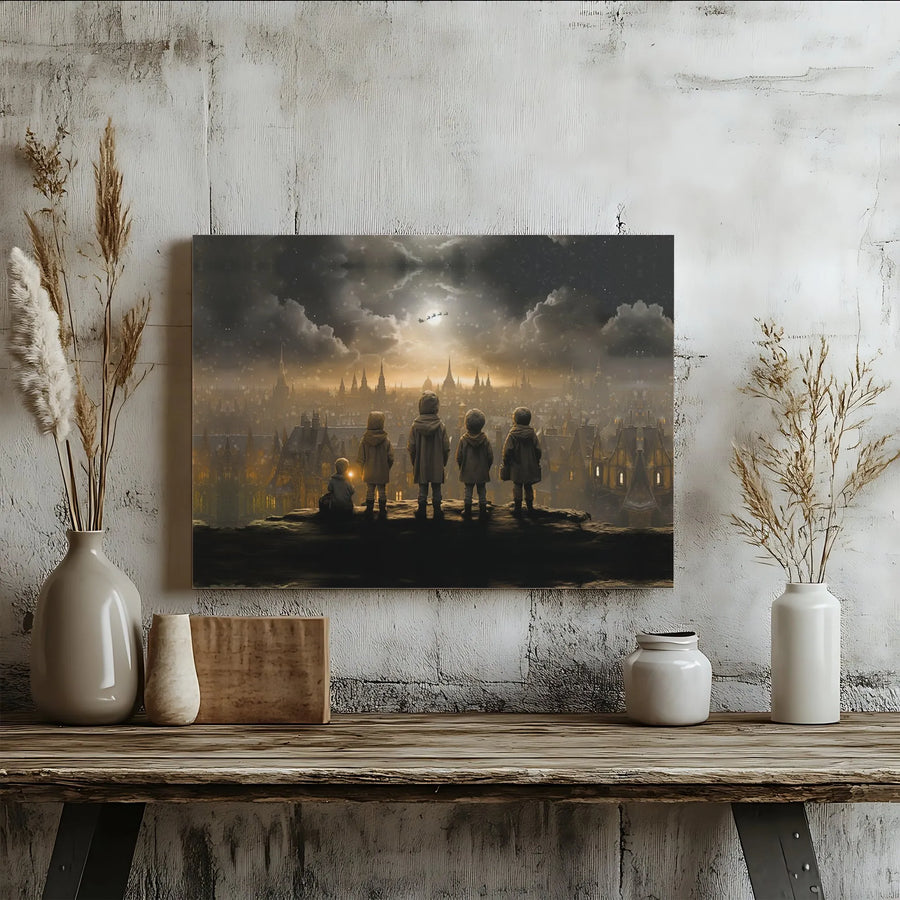 Christmas Eve Cityscape Canvas Art | Children Watching Santa's Sleigh Silhouette | Premium Fade-Resistant Gallery Wrap | Magical Winter Holiday Home Decor