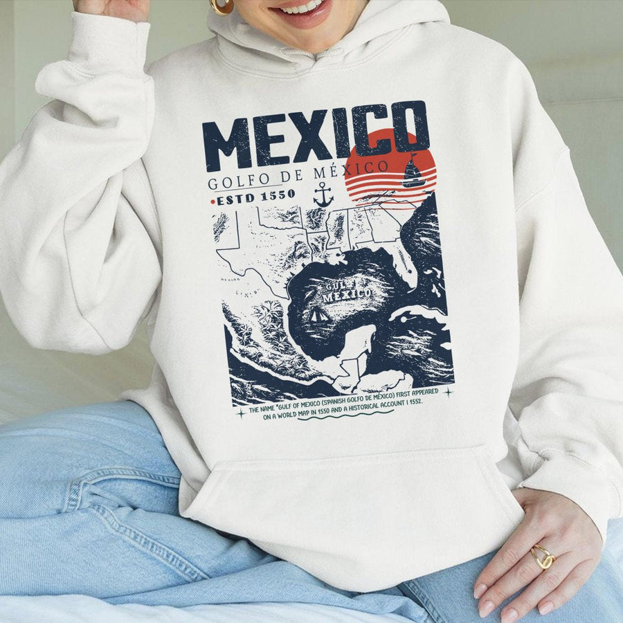 Mexico Map Hoodie | Golfo De Mexico Vintage Nautical Print | Premium Cotton Blend | Gift for Travel Lovers and History Buffs