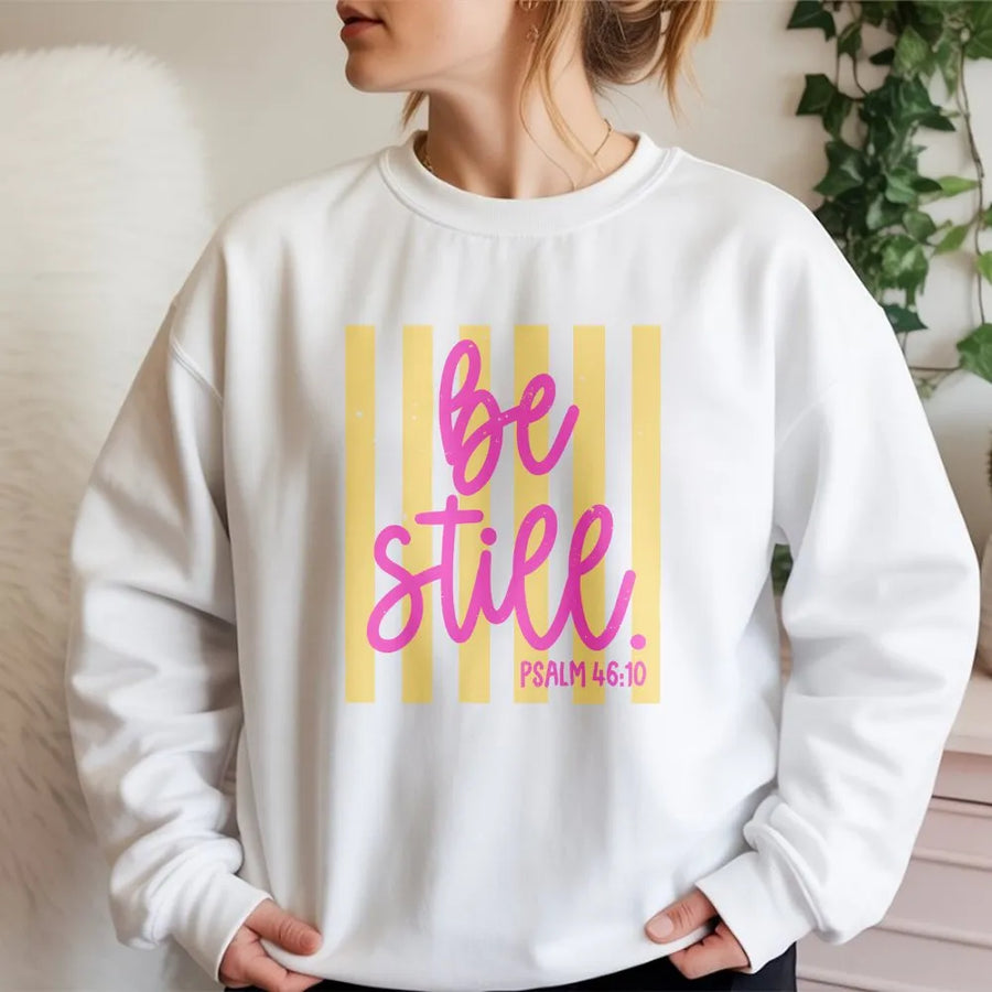 Be Still Psalm 46:10 Sweatshirt | Retro Striped Christian Graphic Tee | Premium Comfort Colors Cotton | Faith Based Gift for Women and Men