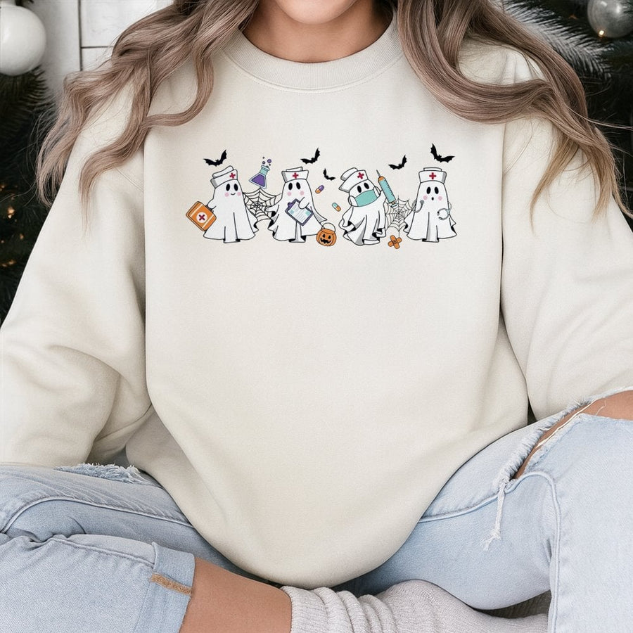 Ghost Nurse Halloween Sweatshirt | Spooky Cute Medical Graphic Design | Premium Cotton-Poly Blend | Gift for Nurses and Nursing Students