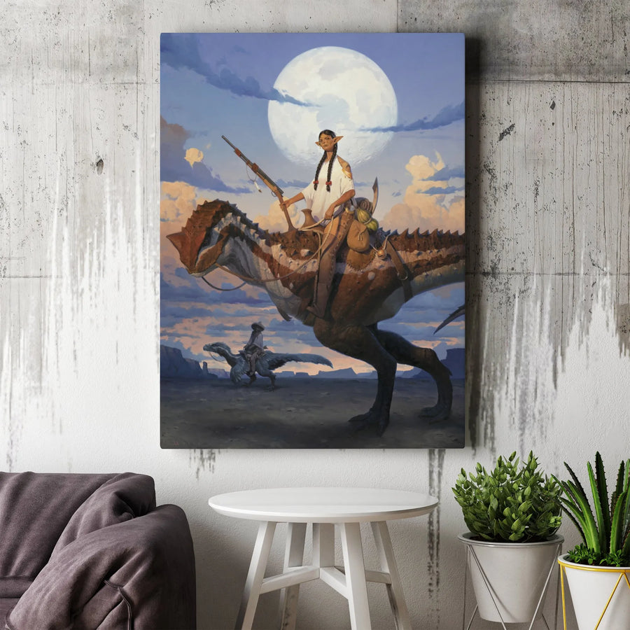 Fantasy Dinosaur Rider Canvas Print | Elven Princess & Full Moon Art | Premium Gallery Wrapped Canvas | Collector's Gift for Sci-Fi & Western Fans