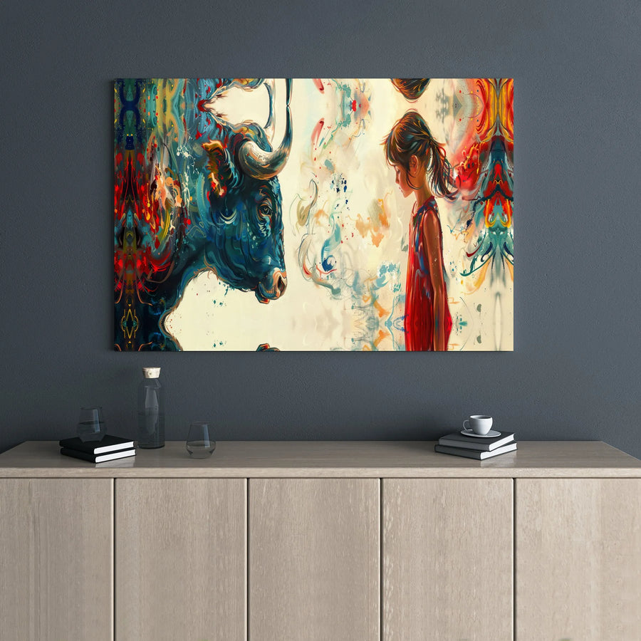 Abstract Bull and Girl Canvas Print | Colorful Surreal Wall Art | Premium Gallery-Wrap Wooden Frame | Modern Home and Office Decor