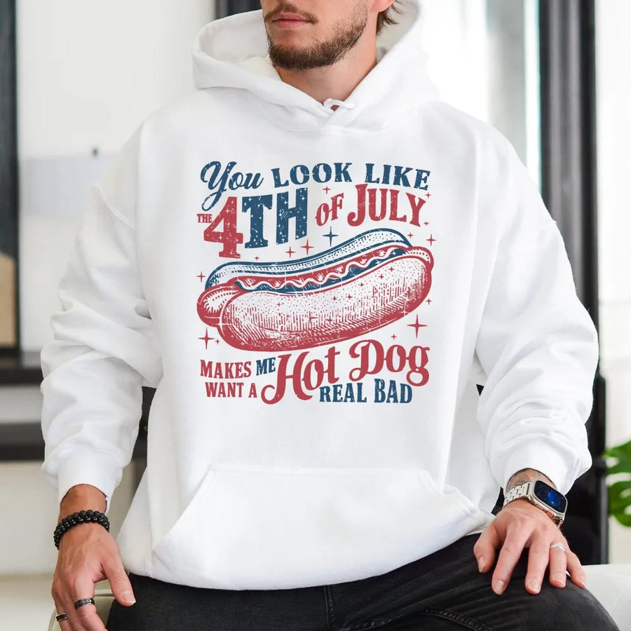 4th of July Hoodie | Funny Hot Dog Lover Graphic | Premium Cotton Blend | Independence Day Gift for Men and Women