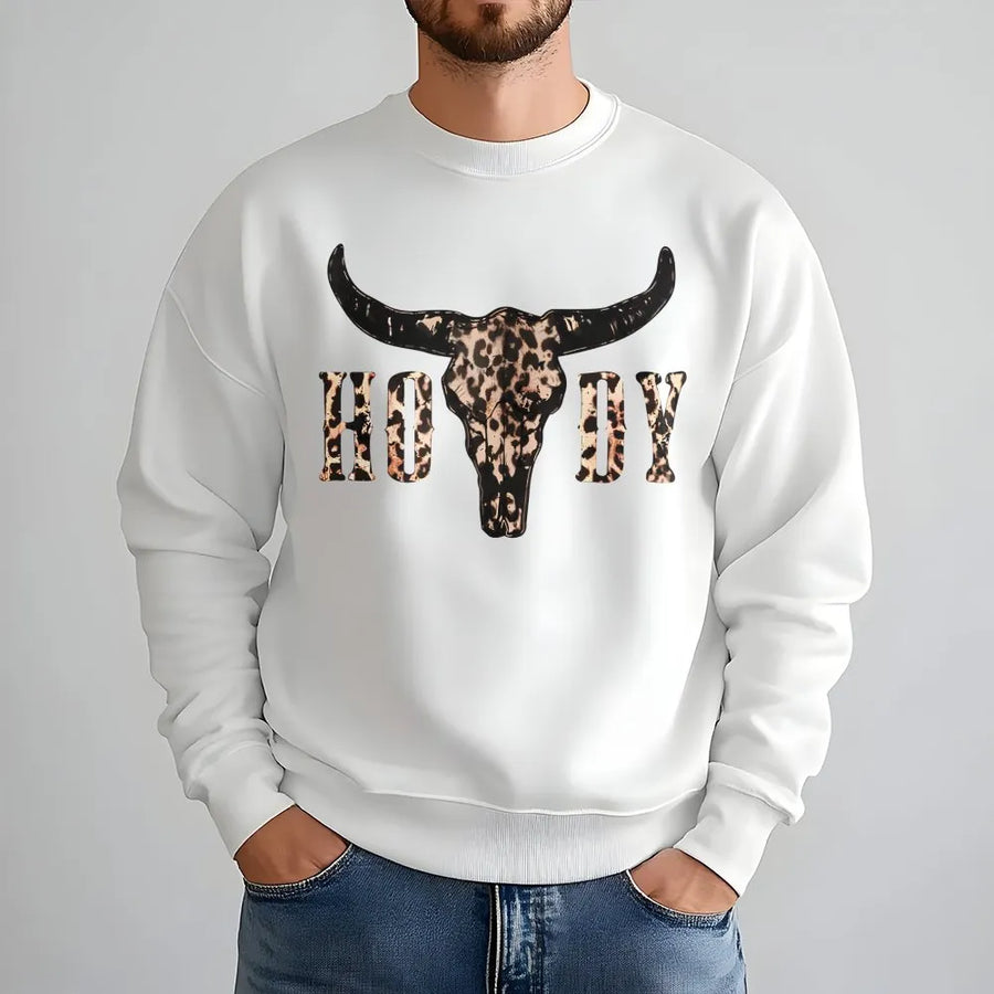 Howdy Leopard Cow Skull Sweatshirt | Western Country Graphic Print | Premium Cotton-Polyester Blend | Gift For Country Music Lovers Women