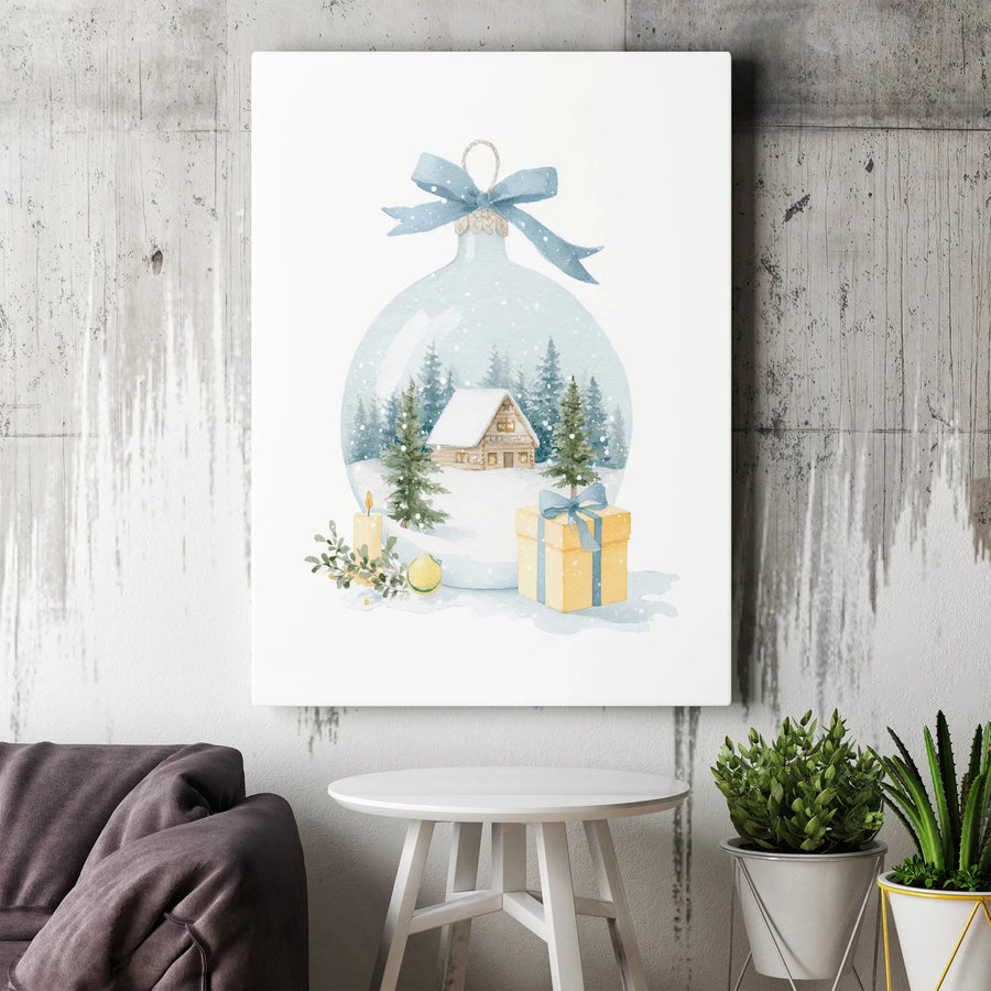 Watercolor Christmas Ornament Canvas Print | Snowy Log Cabin Winter Scene | Gallery Wrapped Premium Wall Art | Festive Holiday Home Decor Gift