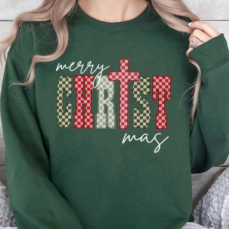 Merry Christmas Cross Sweatshirt | Checkered Pattern Graphic Design | Cotton Blend Premium Apparel | Religious Christian Holiday Gift for Women