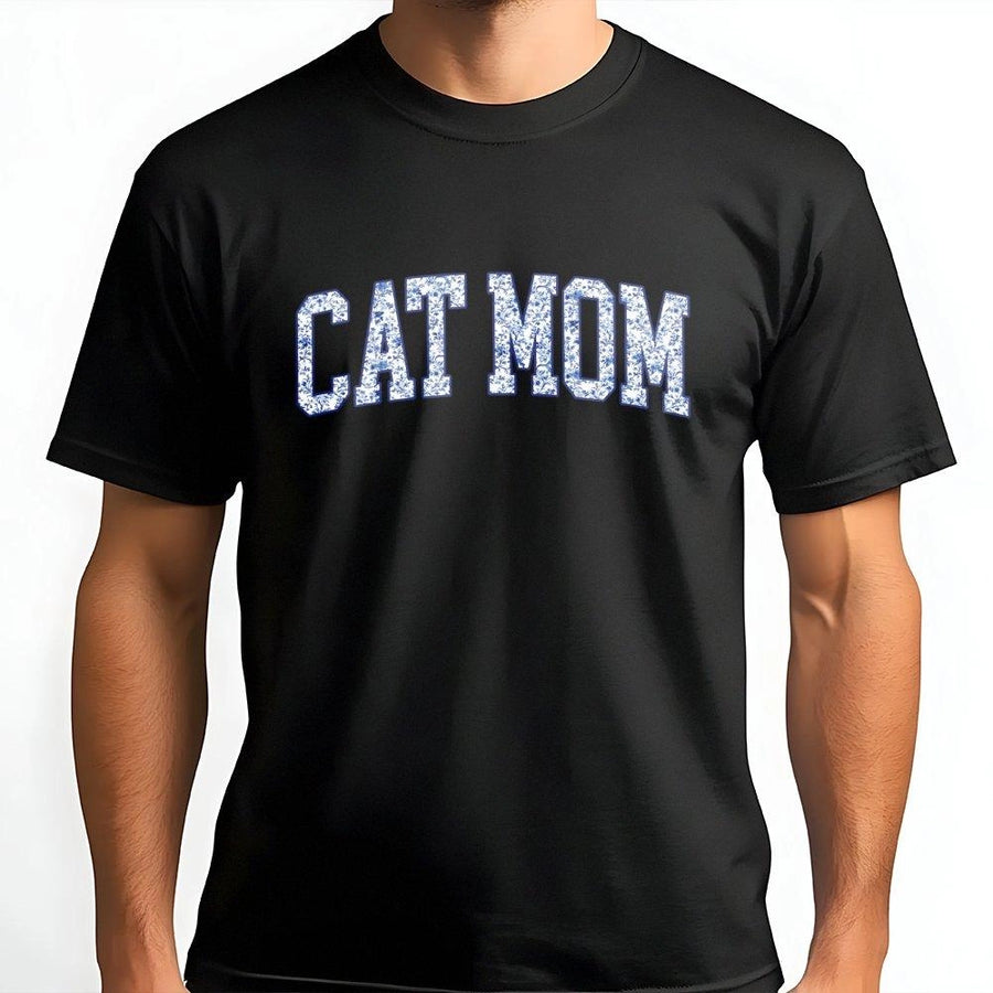 Cat Mom T-Shirt | Blue Toile Floral Lettering Graphic | 100% Cotton Premium Comfort | Cute Gift for Cat Lovers and Pet Owners
