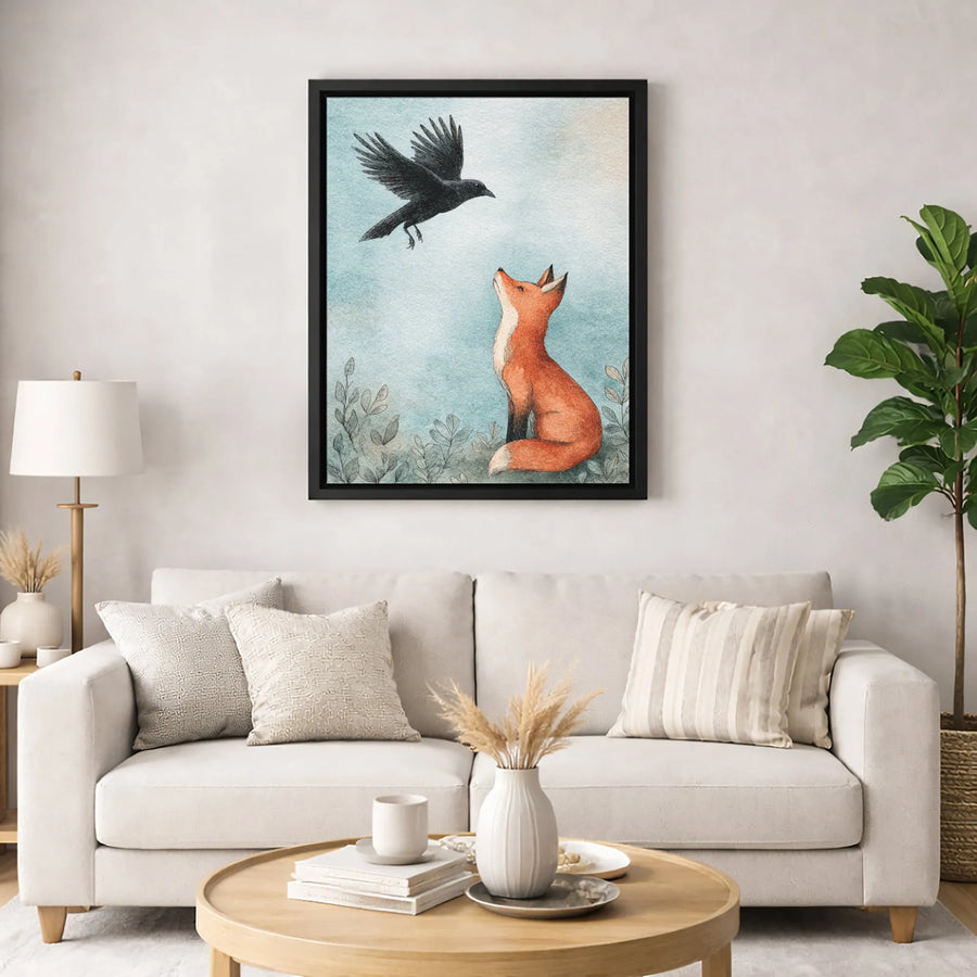 Fox and Crow Canvas Art | Whimsical Watercolor Forest Illustration | Gallery Wrapped 1.25" Profile | Woodland Nature Gift for Home Decor
