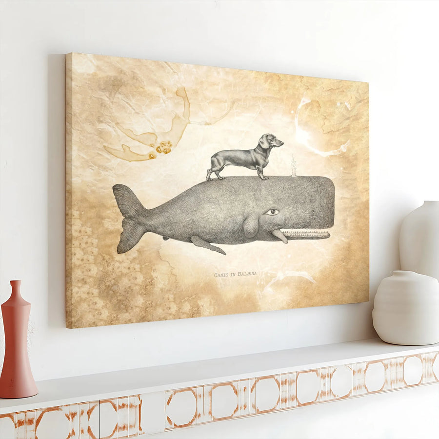Dachshund on Whale Canvas Wall Art | Vintage Scientific Illustration | Premium Fade-Resistant Print | Surreal Home Decor Gift for Dog Lover