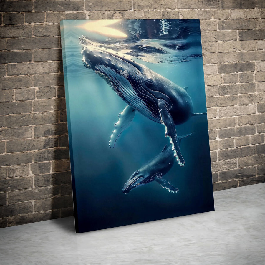 Humpback Whale Canvas Wall Art | Underwater Mother and Calf Scene | Premium Gallery-Wrapped Print | Coastal Living Room Decor Gift