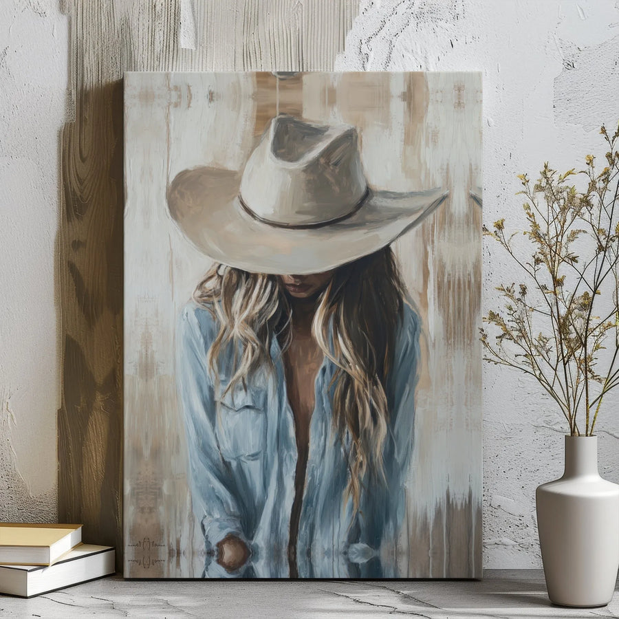 Cowgirl Canvas Wall Art | Rustic Western Painting With Cowboy Hat | Premium Gallery Wrapped Decor | Farmhouse Aesthetic Gift For Women