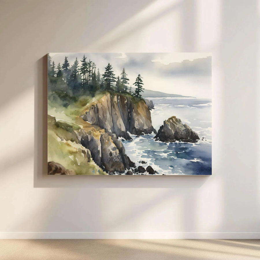 Coastal Watercolor Landscape Canvas Art | Rocky Cliff and Pine Forest Print | Premium Gallery-Wrapped Wall Decor | Serene Nature Gift for Home