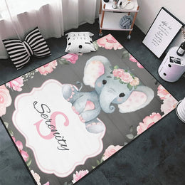 Elephant Pink Flower Floor Playroom Mats, Custom Name Nursery Rugs, Baby Room Decor And Shower Gift