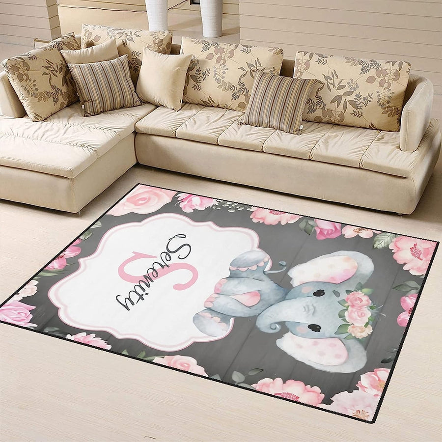 Elefanten-Spielmatten mit rosa Blumenmotiv, Kinderzimmerteppiche mit individuellem Namen, Babyzimmerdeko und Babypartygeschenk | Ziror