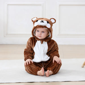 Toddler in the brown bear romper, hood up