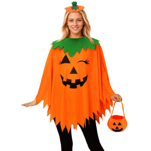 Adult in the pumpkin poncho holding a pumpkin bag