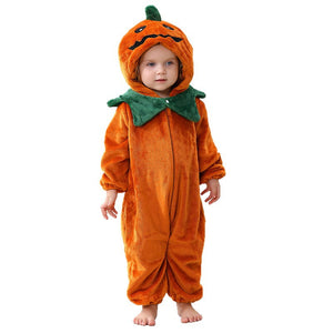 Toddler in the orange pumpkin costume romper with a pumpkin hood, standing