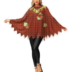Red plaid scarecrow poncho with patch pockets and a straw collar