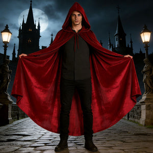 Man wearing the burgundy velvet hooded cloak on a night street