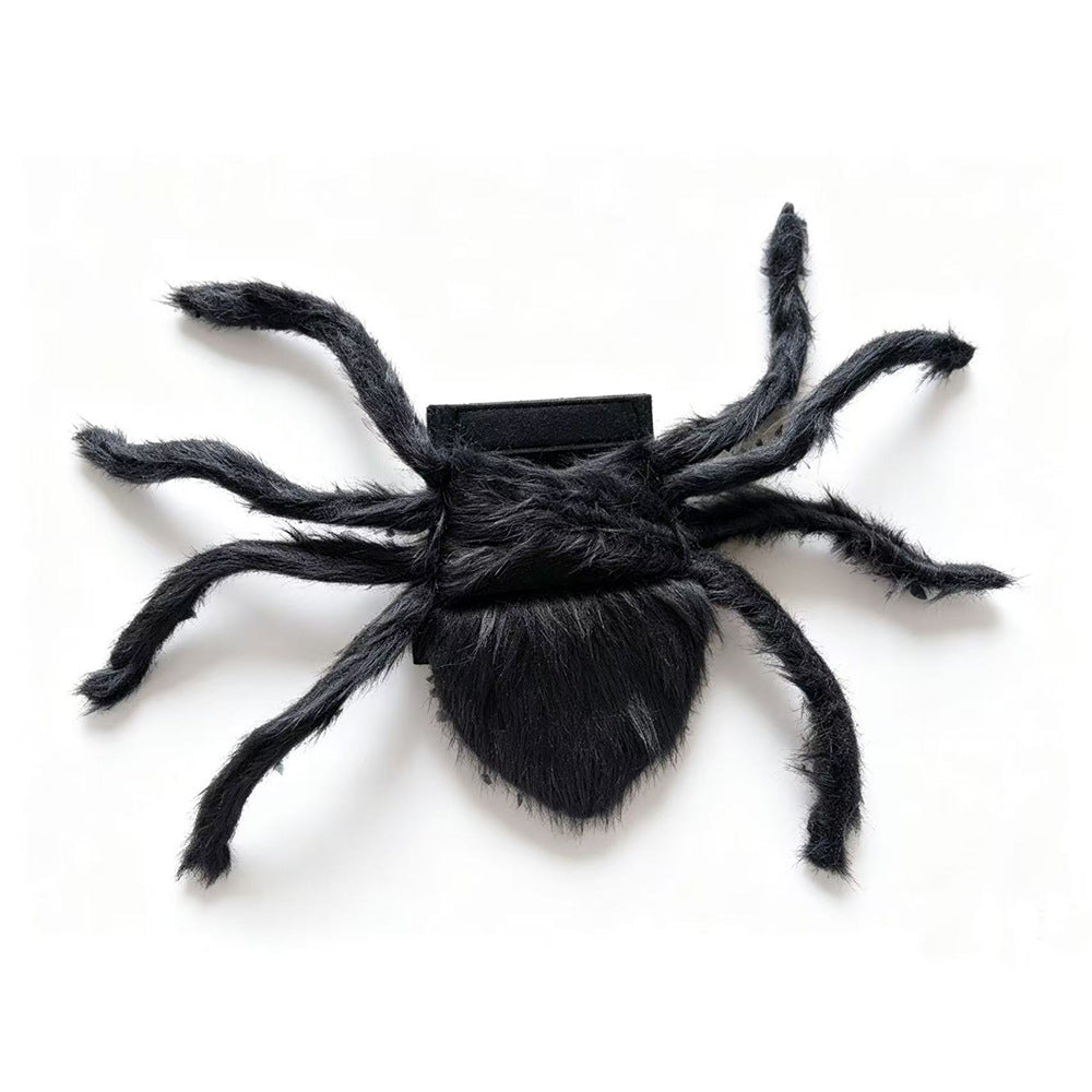 Black furry plush spider with eight legs, the pet half of the set
