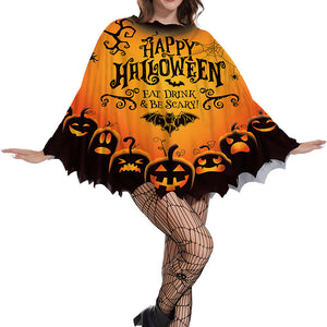 Orange poncho printed Happy Halloween above a row of jack-o-lanterns