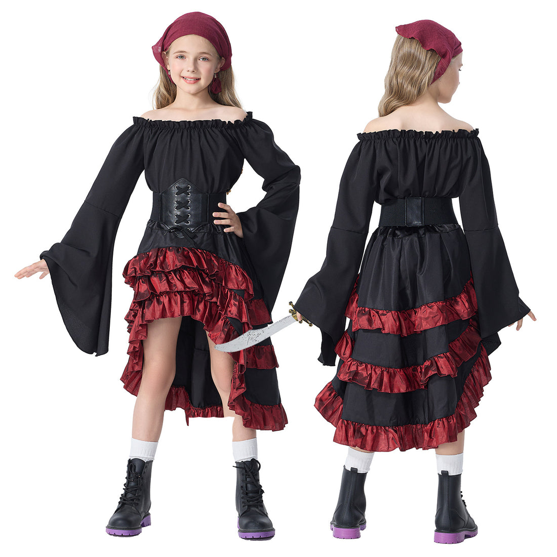 Girls' black pirate costume, front and back