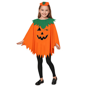 Child pumpkin poncho costume, front view on white