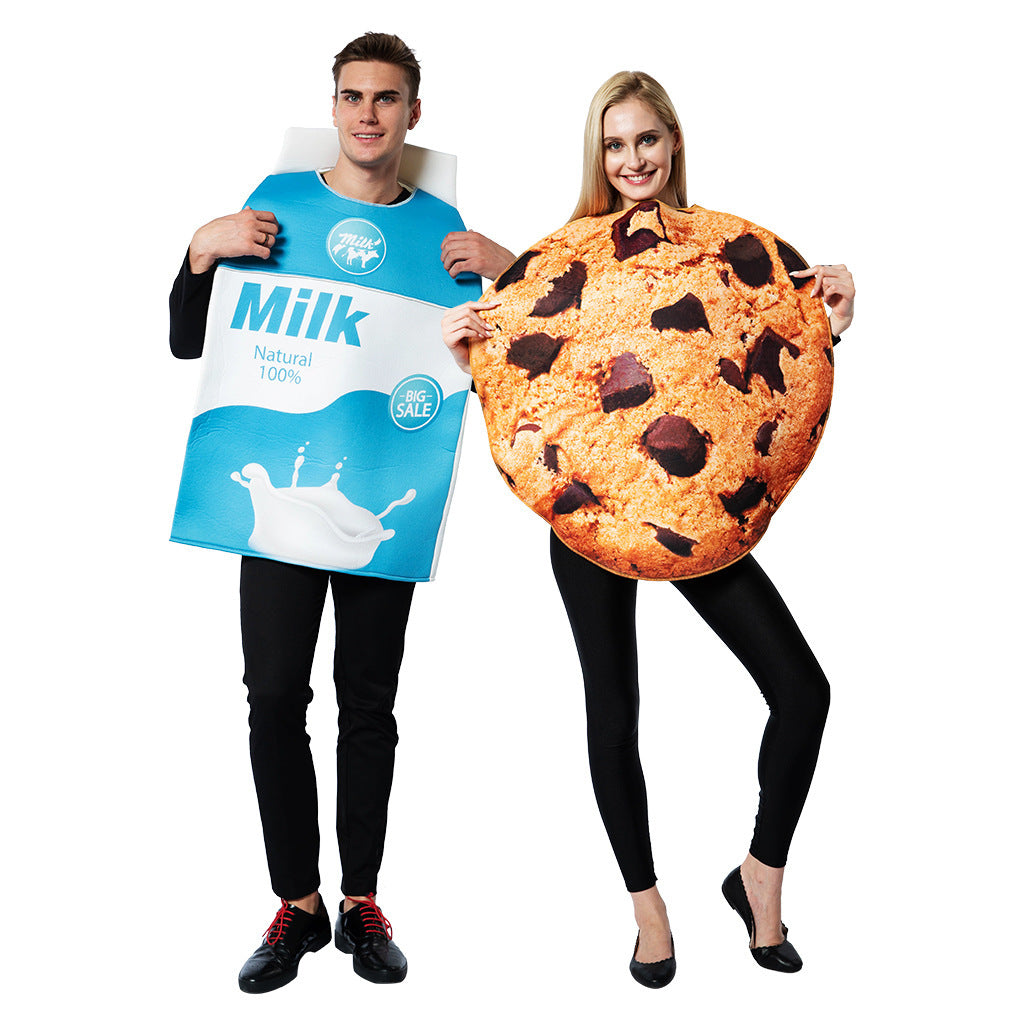 Couple wearing the milk carton and chocolate chip cookie tunics, front view